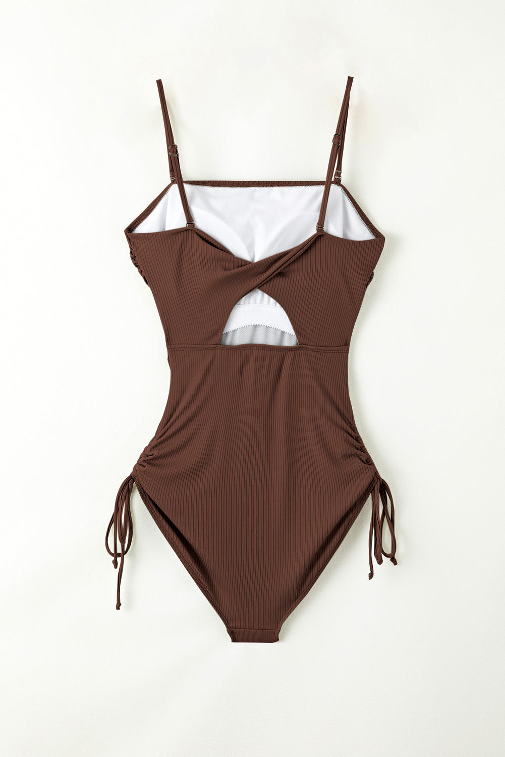 Coffee Side Drawstring Cutout Ribbed One Piece Swimsuit