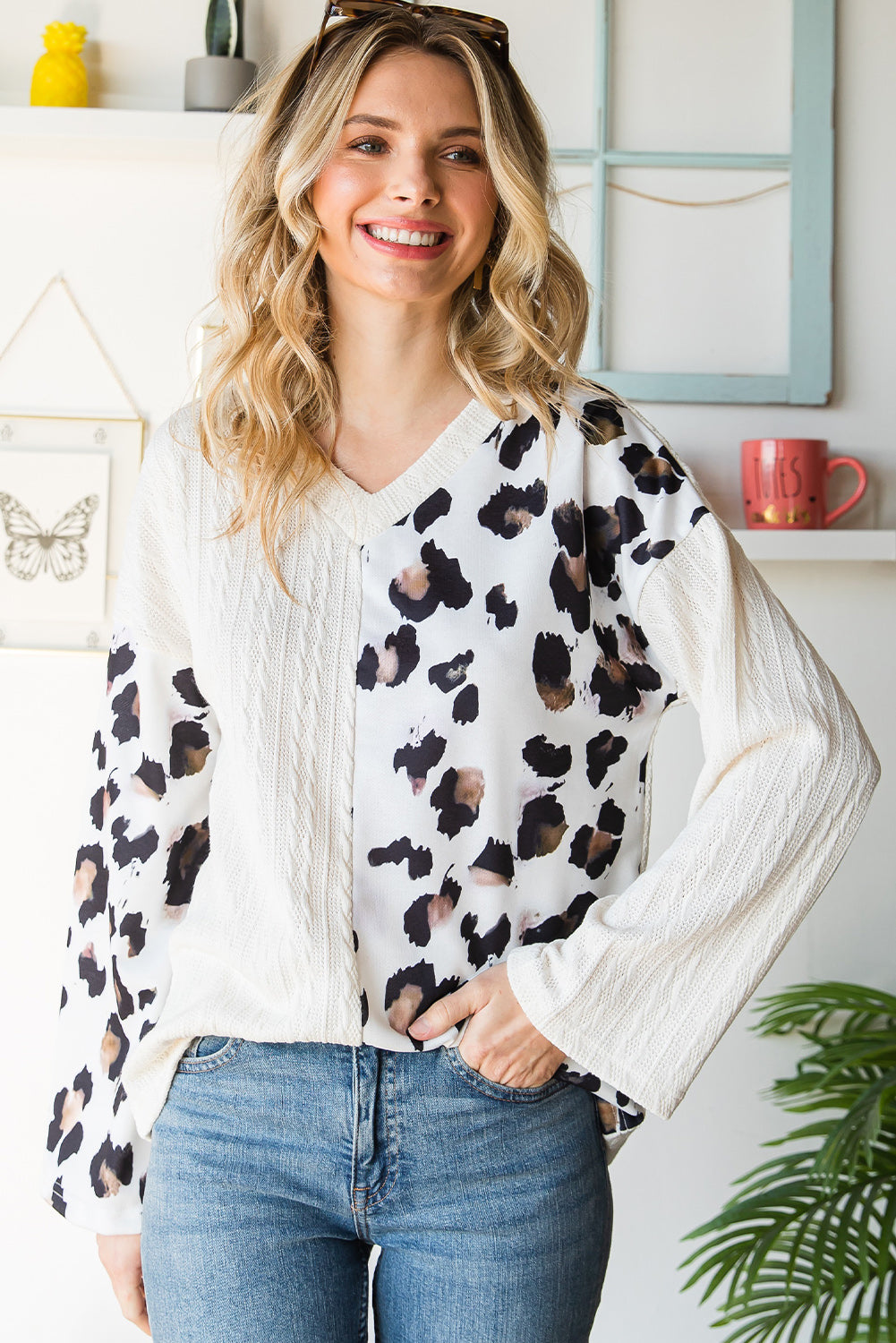 Beige V Neck Leopard Colorblock Patchwork Long Sleeve Top