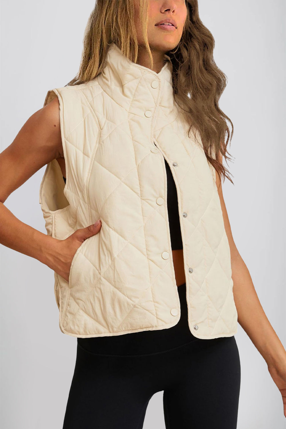 Black Quilted High Neck Button Up Pocket Vest Coat