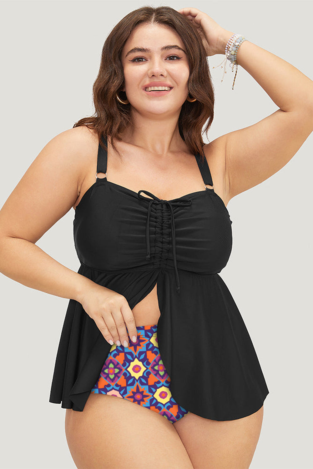 Black Drawstring Tied Front Flared Top Geometric Print Bottom Plus Size Tankinis