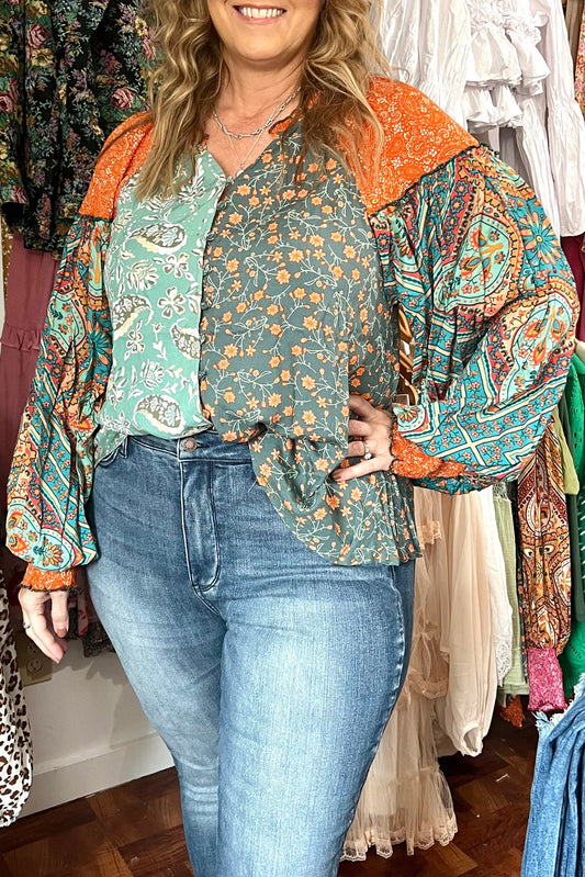 Green Floral Patchwork V Neck Lantern Sleeve Plus Size Blouse