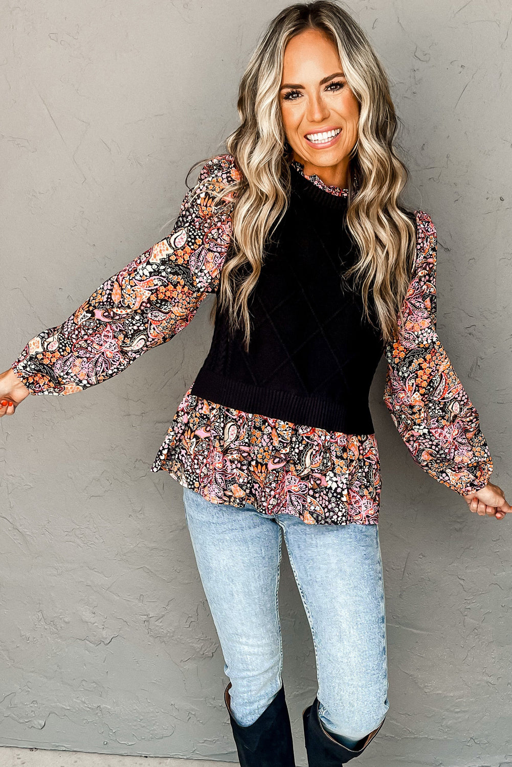 Black Cable Knit Contrast Floral Sleeve Peplum Sweater