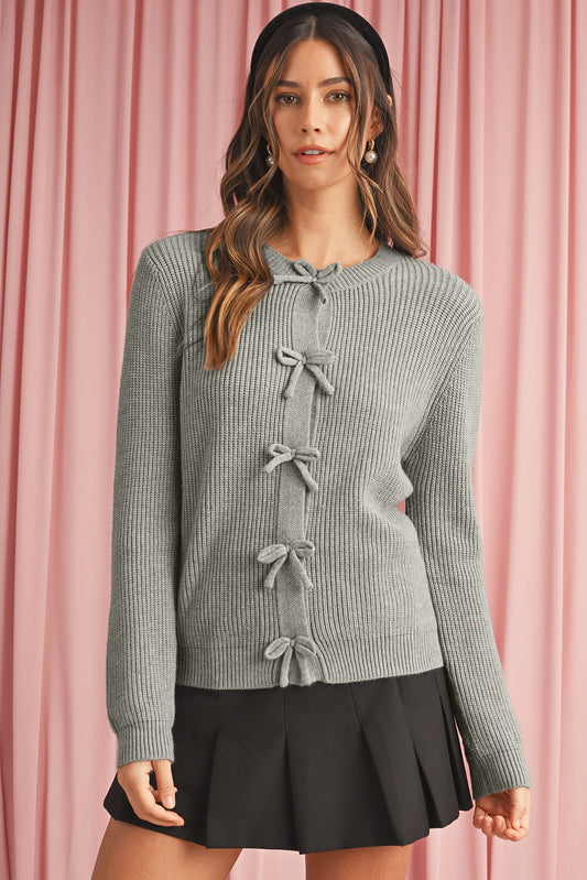 Philippine Gray Sweet Bow Front Cropped Knit Cardigan