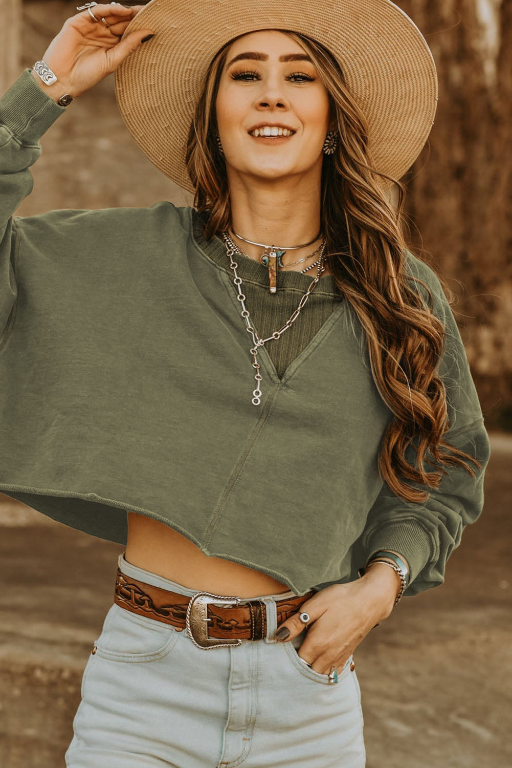 Green Casual Drop Shoulder Cropped Sweatshirt