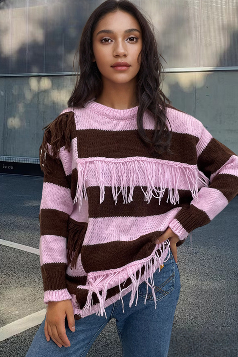 Pink Colorblock Fringe Detail Knit Sweater