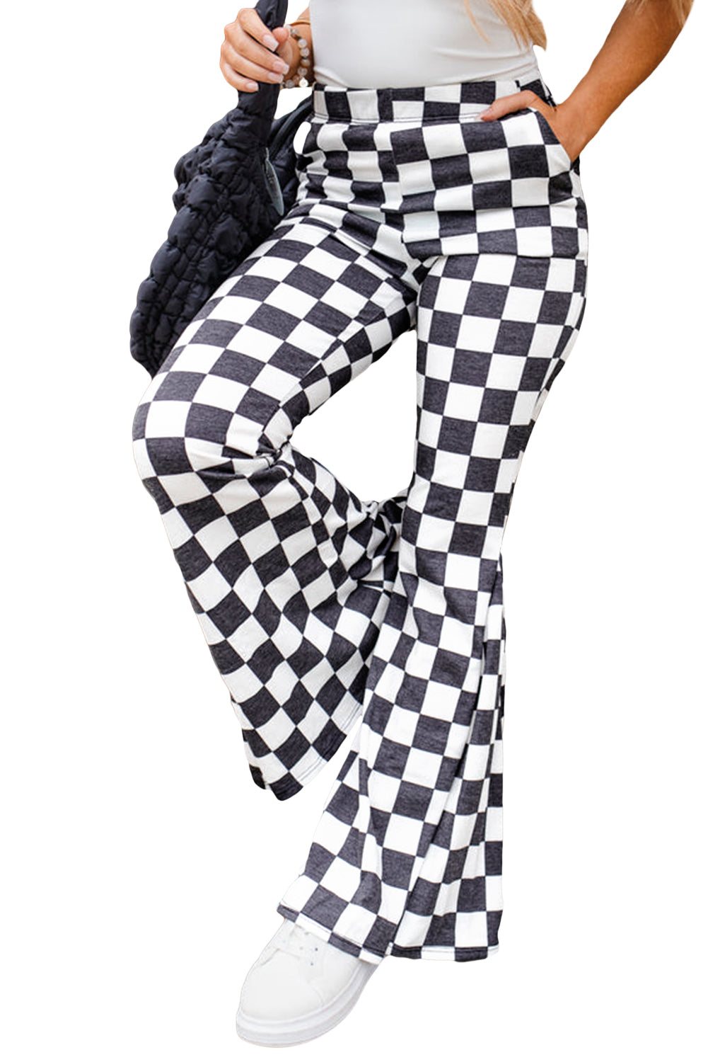 Black Checkered High Rise Flared Pants