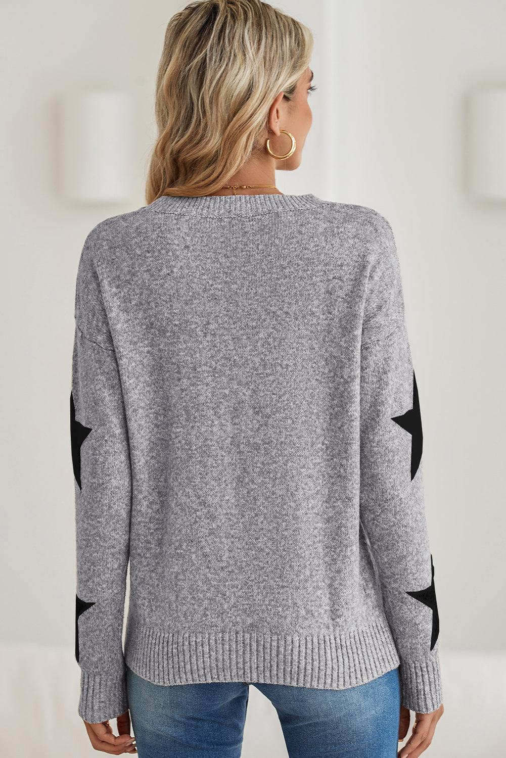 Gray Star Pattern Drop Shoulder Knit Sweater