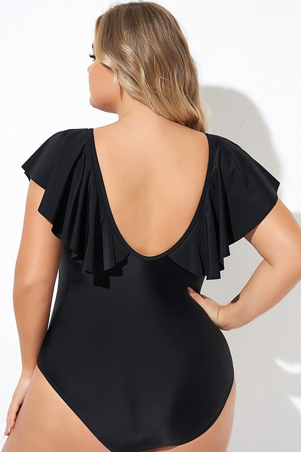 Black Ruffle Sleeve Lace-up V Neck Plus Size One Piece Swimsuit