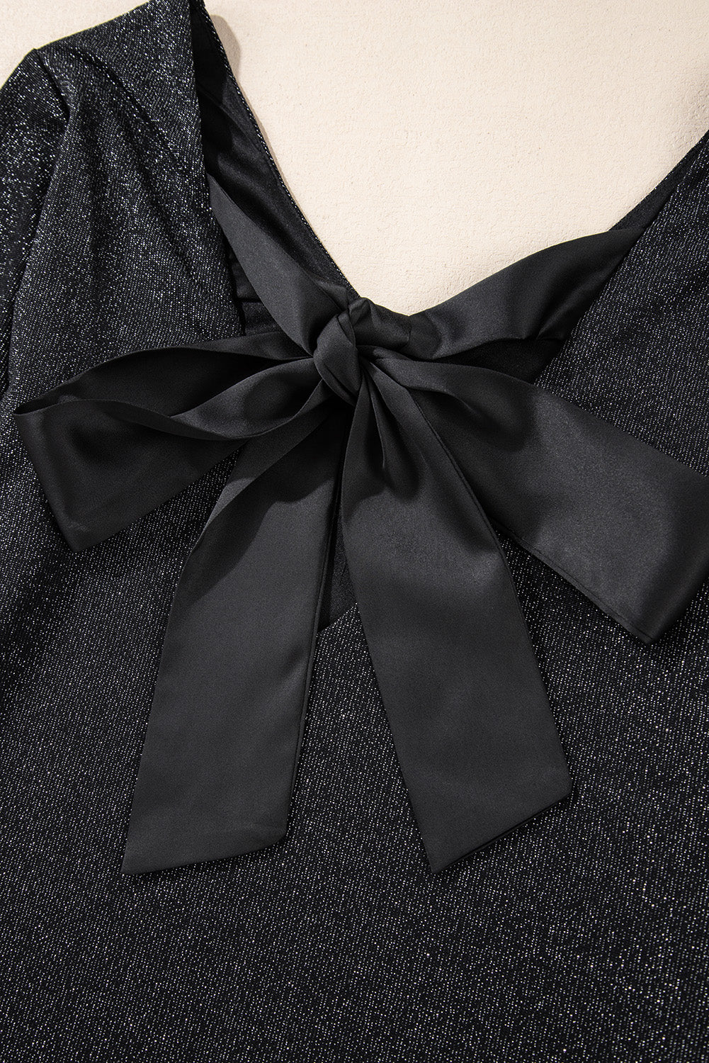 Black Metallic Bowknot Backless V Neck Top