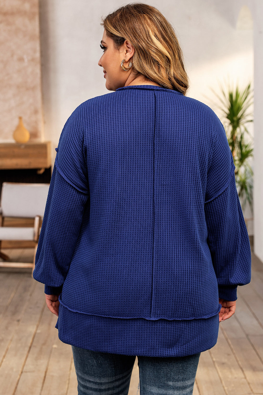 Dark Blue Waffle Knit Exposed Seam Patchwork Plus Size Top