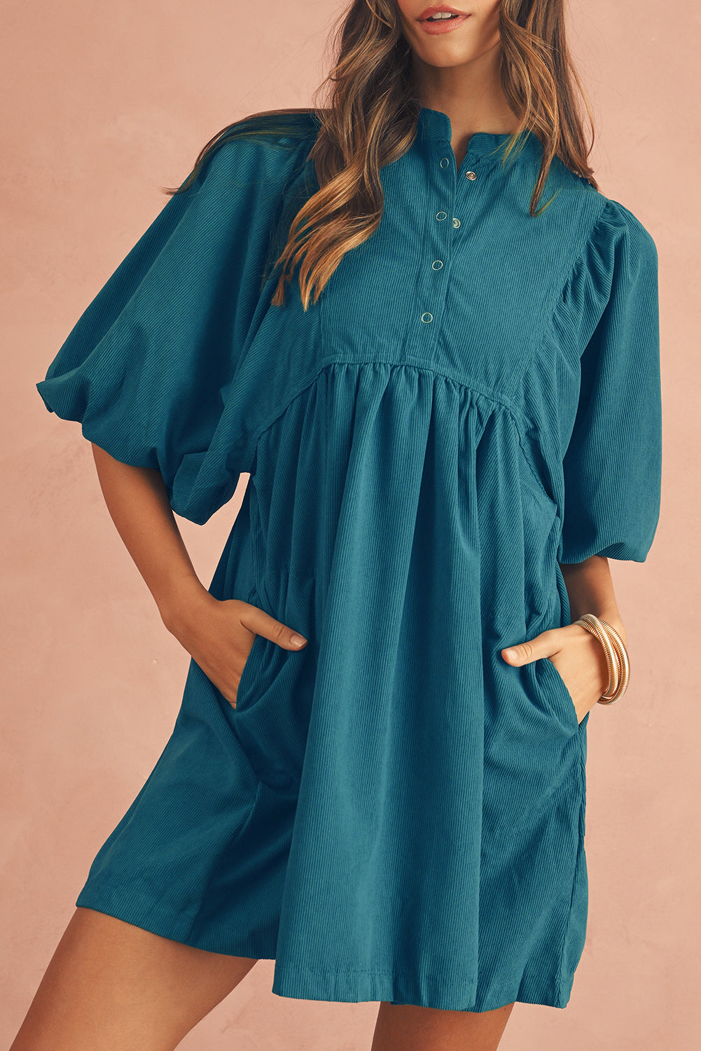 Vineyard Green Snap Button Empire Waist Lantern Sleeve Corduroy Dress