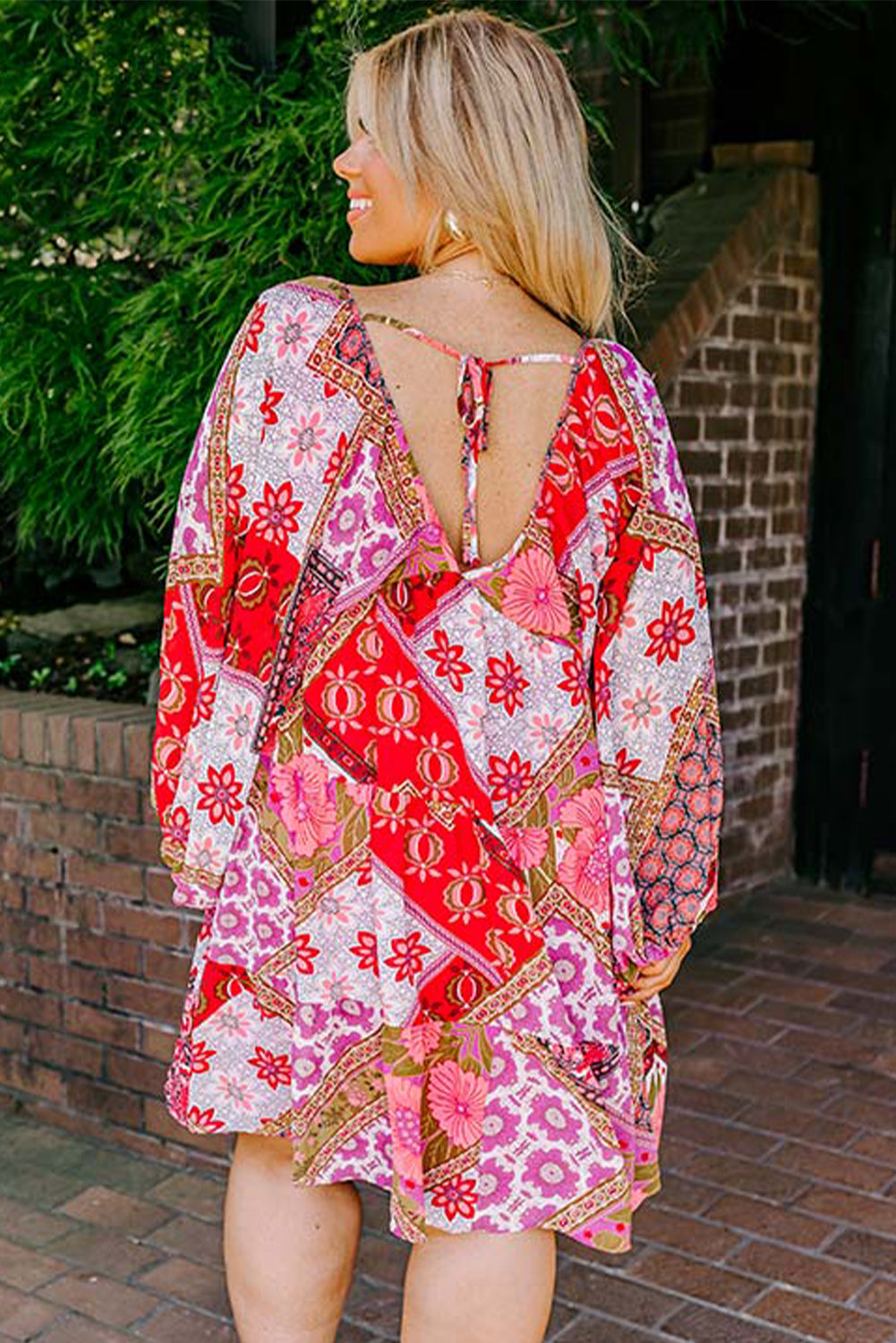 Rose Floral Patchwork Long Sleeve V Neck Lace-up Back Plus Size Dress