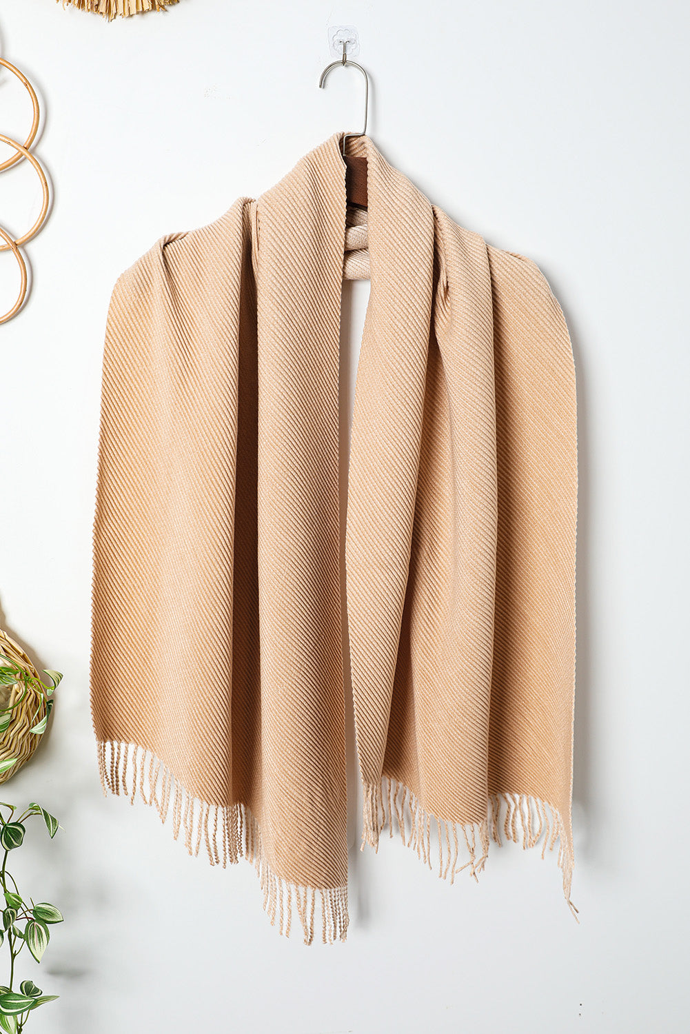 Khaki Bohemian Fringe Trim Textured Scarf