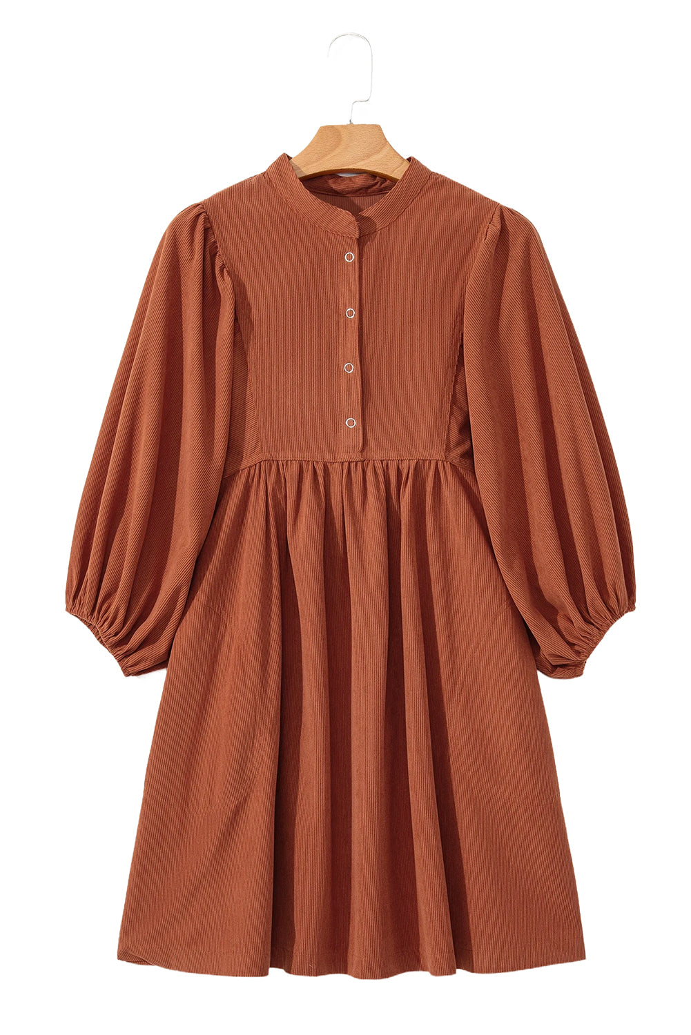 Vineyard Green Snap Button Empire Waist Lantern Sleeve Corduroy Dress