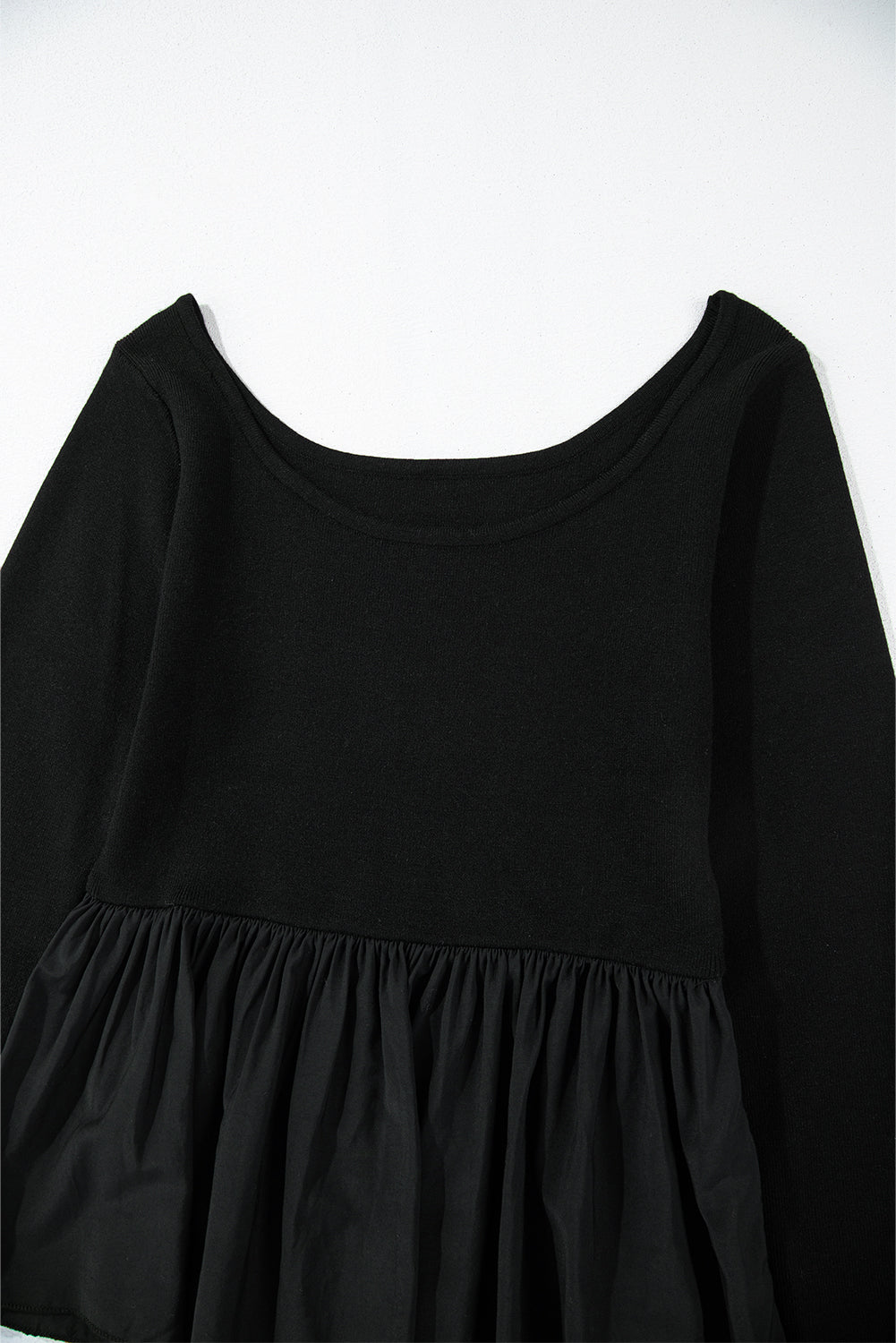 Black Pleated Hem Long Sleeve Ribbed Knit Top