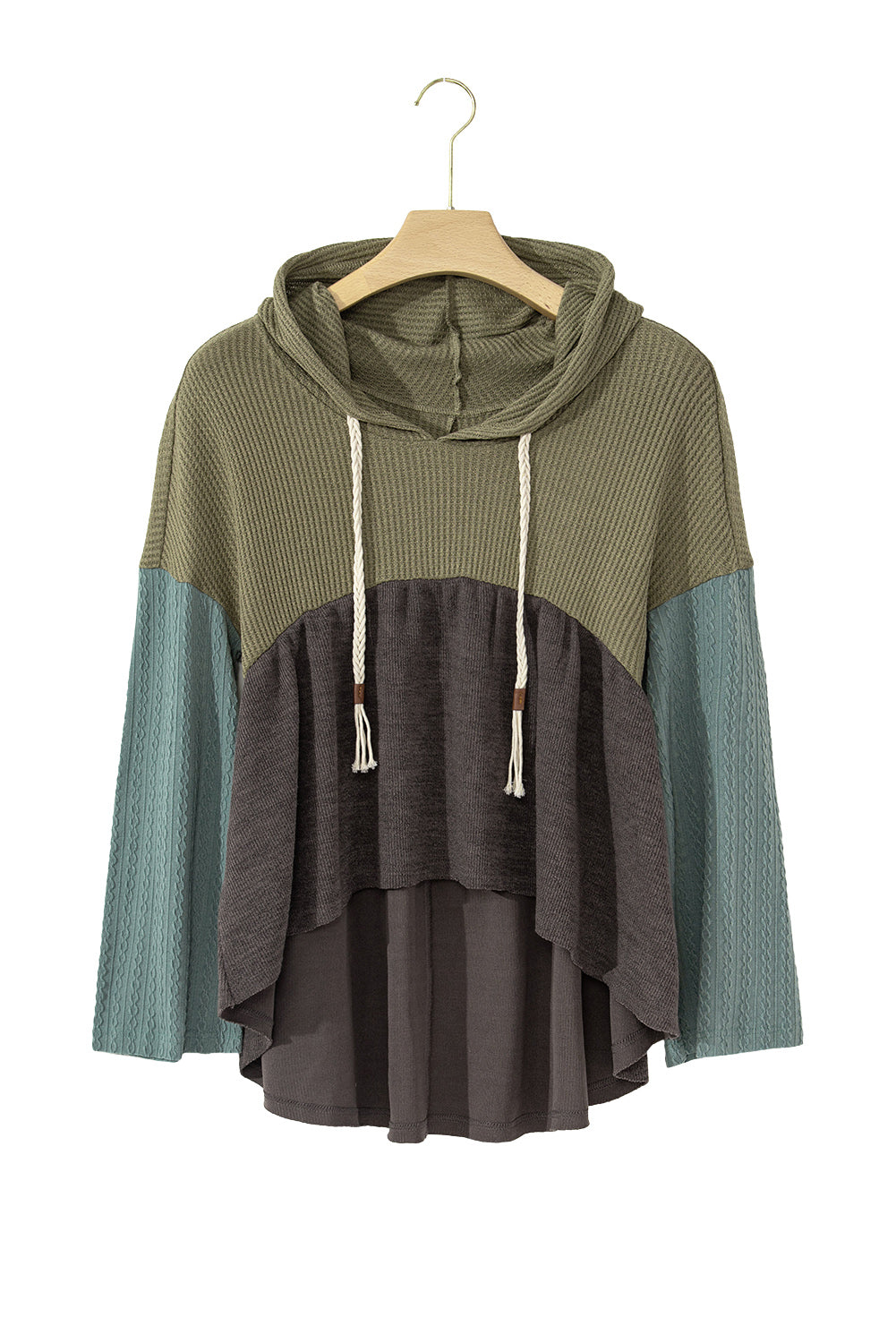 Laurel Green Waffle Knit Patchwork Drawstring Hooded Top