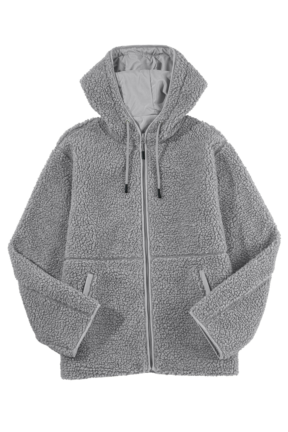 Medium Grey Fleece Zip Up Drawstring Hooded Pocketed Jacket