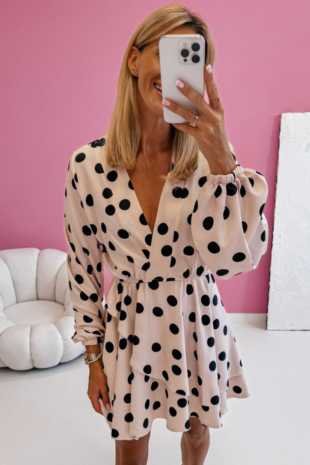 Beige Polka Dot Print Surplice V Neck Puff Sleeve Mini Dress