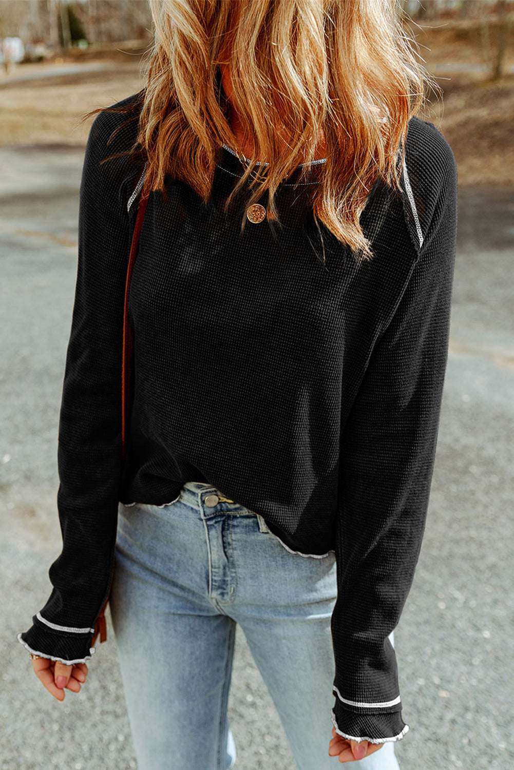 Black Textured Crewneck Long Sleeve Top