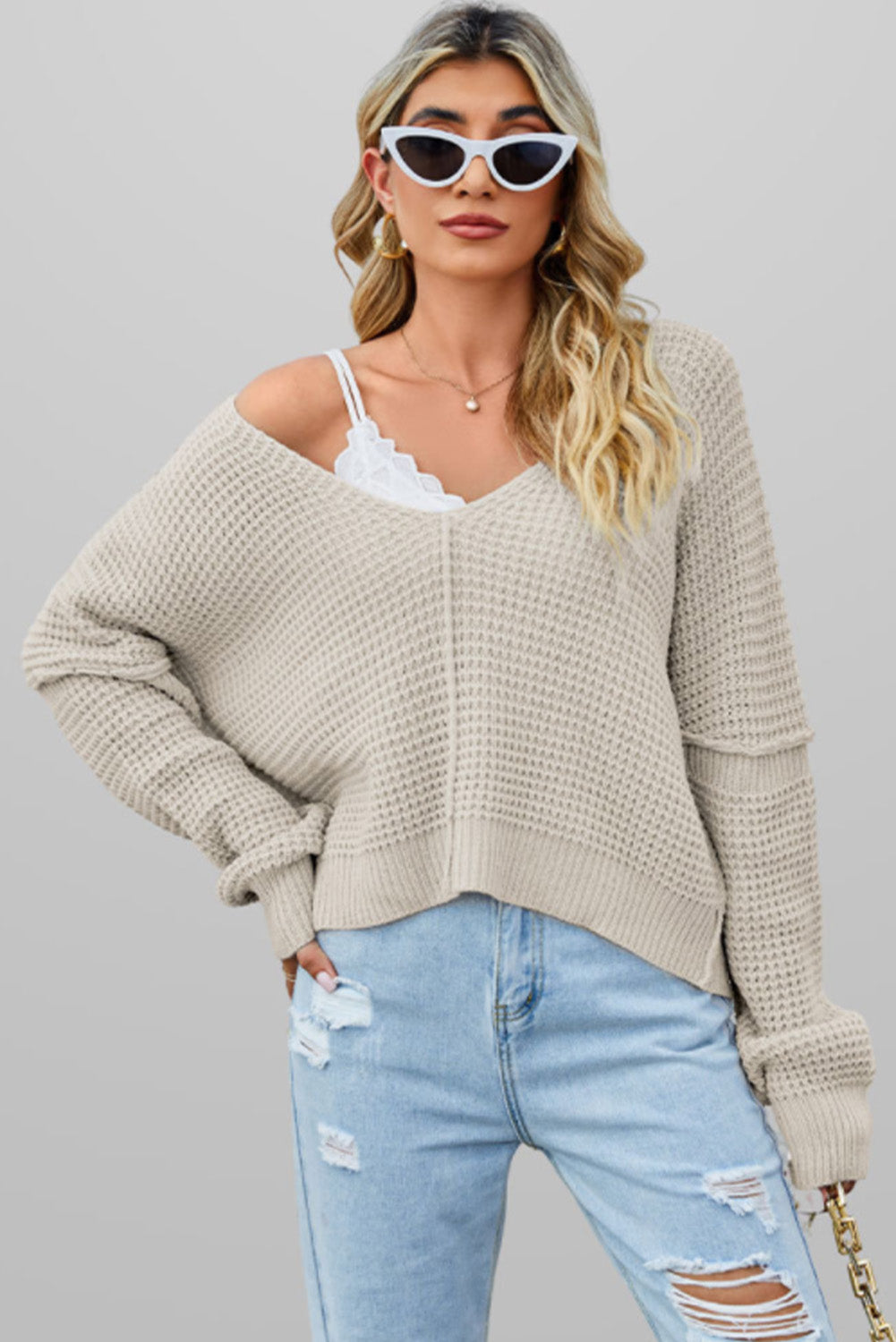 Light Pink Plain Waffle Knit V Neck Sweater