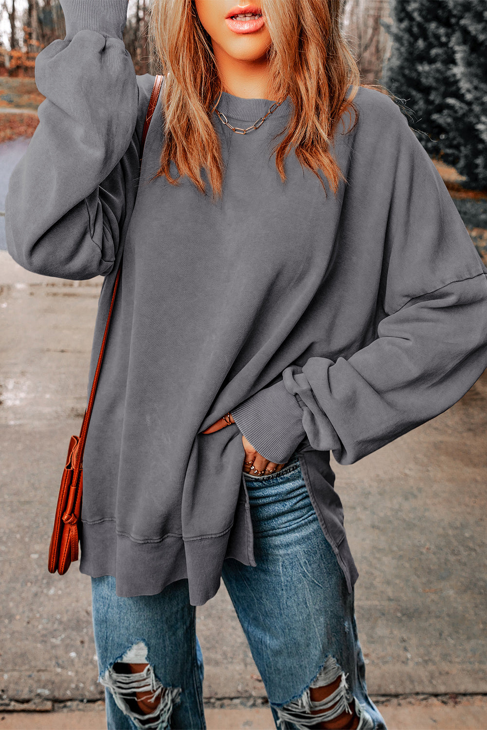 Khaki Plain Drop Shoulder Ribbed Trim Oversized Sweatshirt