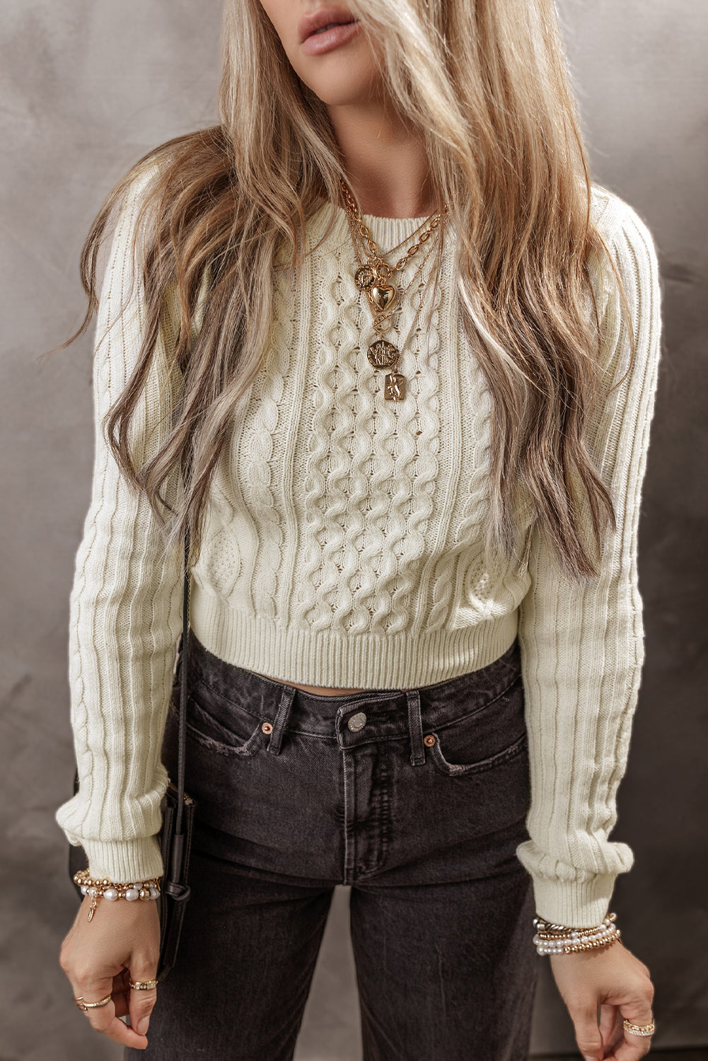 White Solid Color Cable Knit Cropped Sweater