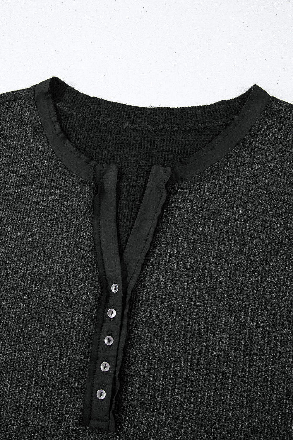 Black Button V Neck Waffle Henley Top