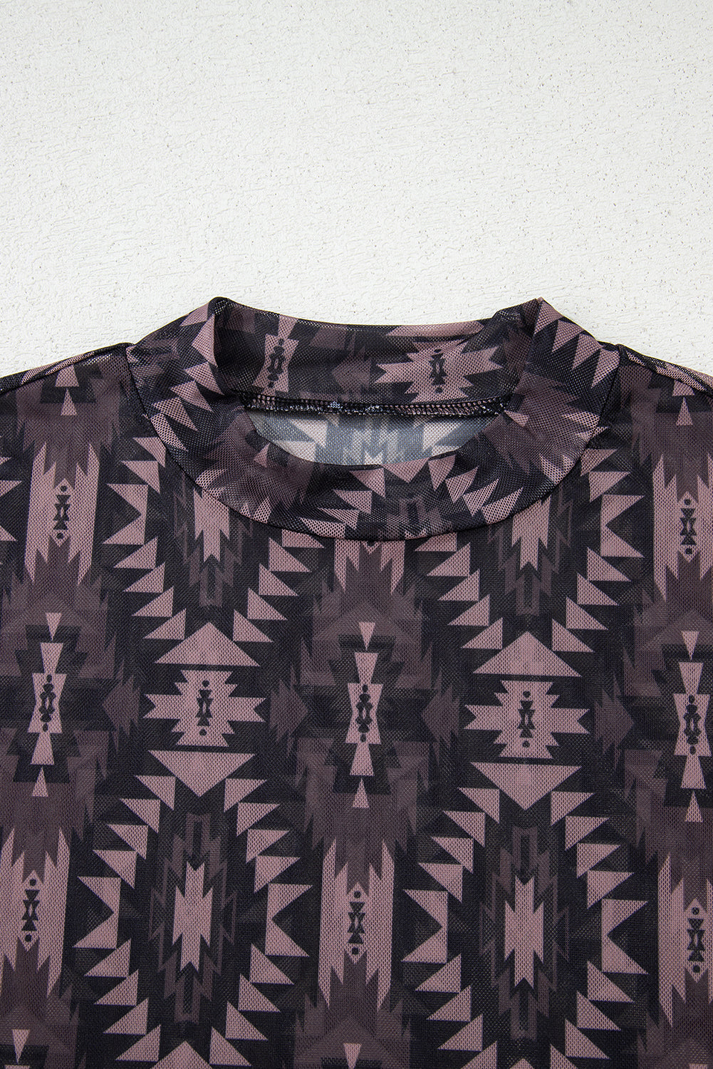 Brown Geometric Print Mock Neck Short Sleeve Mesh T Shirt