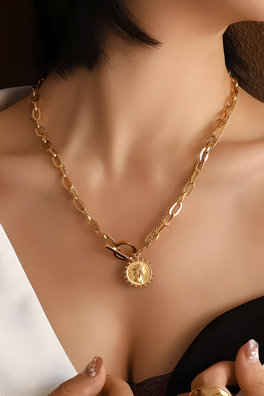 Gold Plated Vintage Carved Coin Pendant Link Chain Necklace