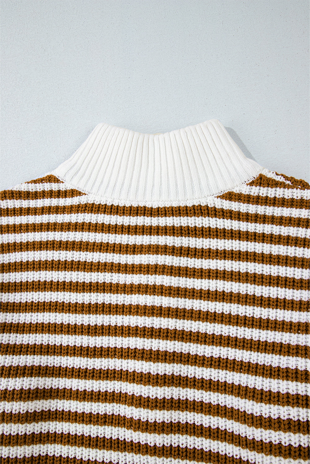 Khaki Stripe Zip Up Collar Drop Sleeve Sweater