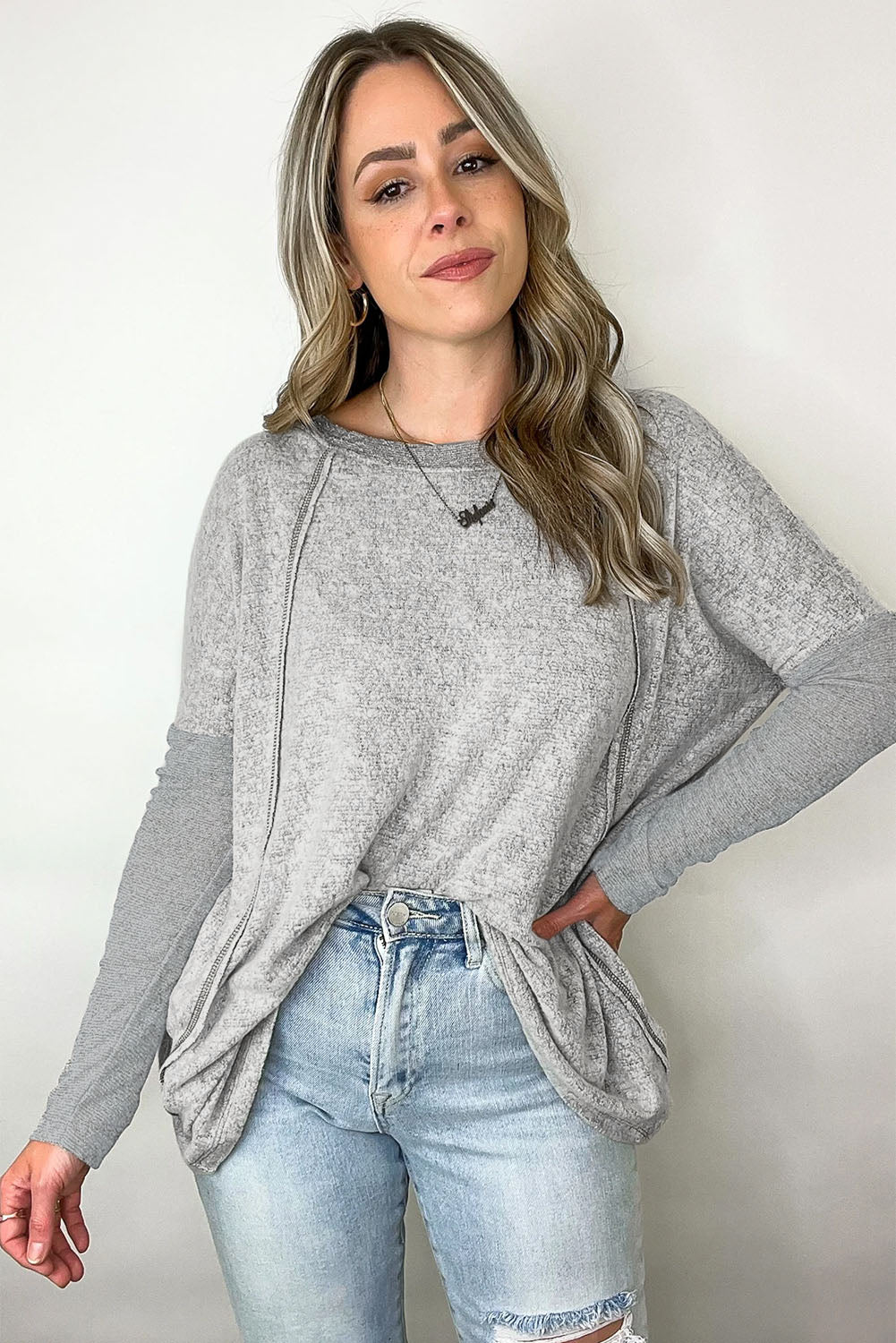 Grey Patchwork Pullover Long Sleeve Top for Women