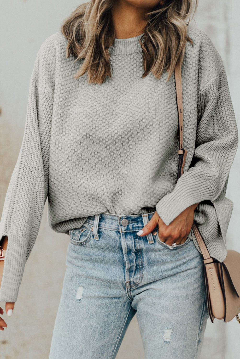 Gray Textured Knit Split Cuff Drop Shoulder Loose Sweater