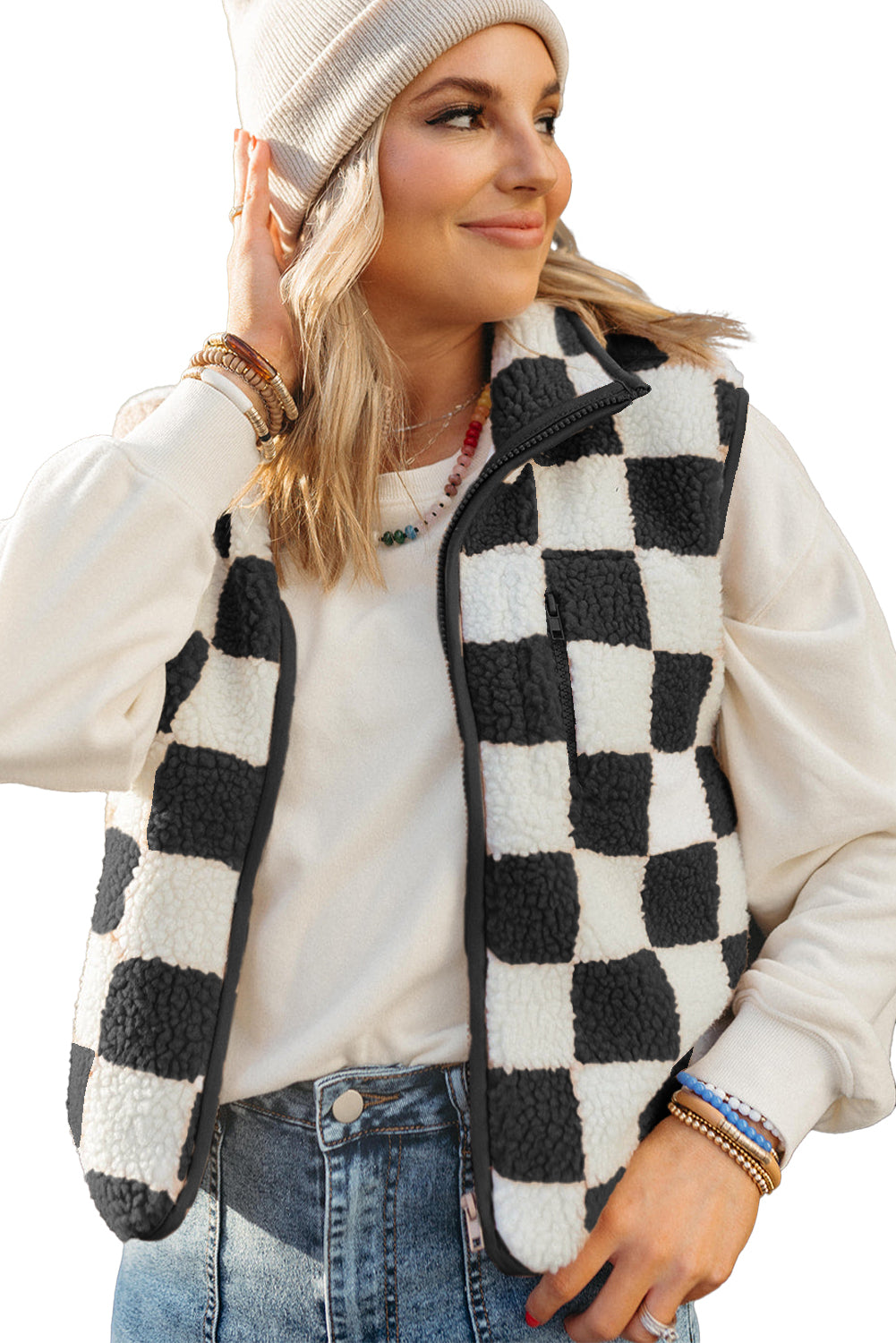 Black Checkered Sherpa Collared Jacket Vest