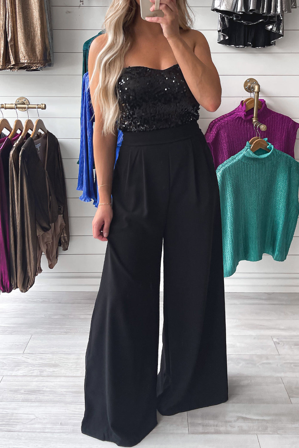 Black Sequin strapless Floor Length Wide Leg Jumpsuit