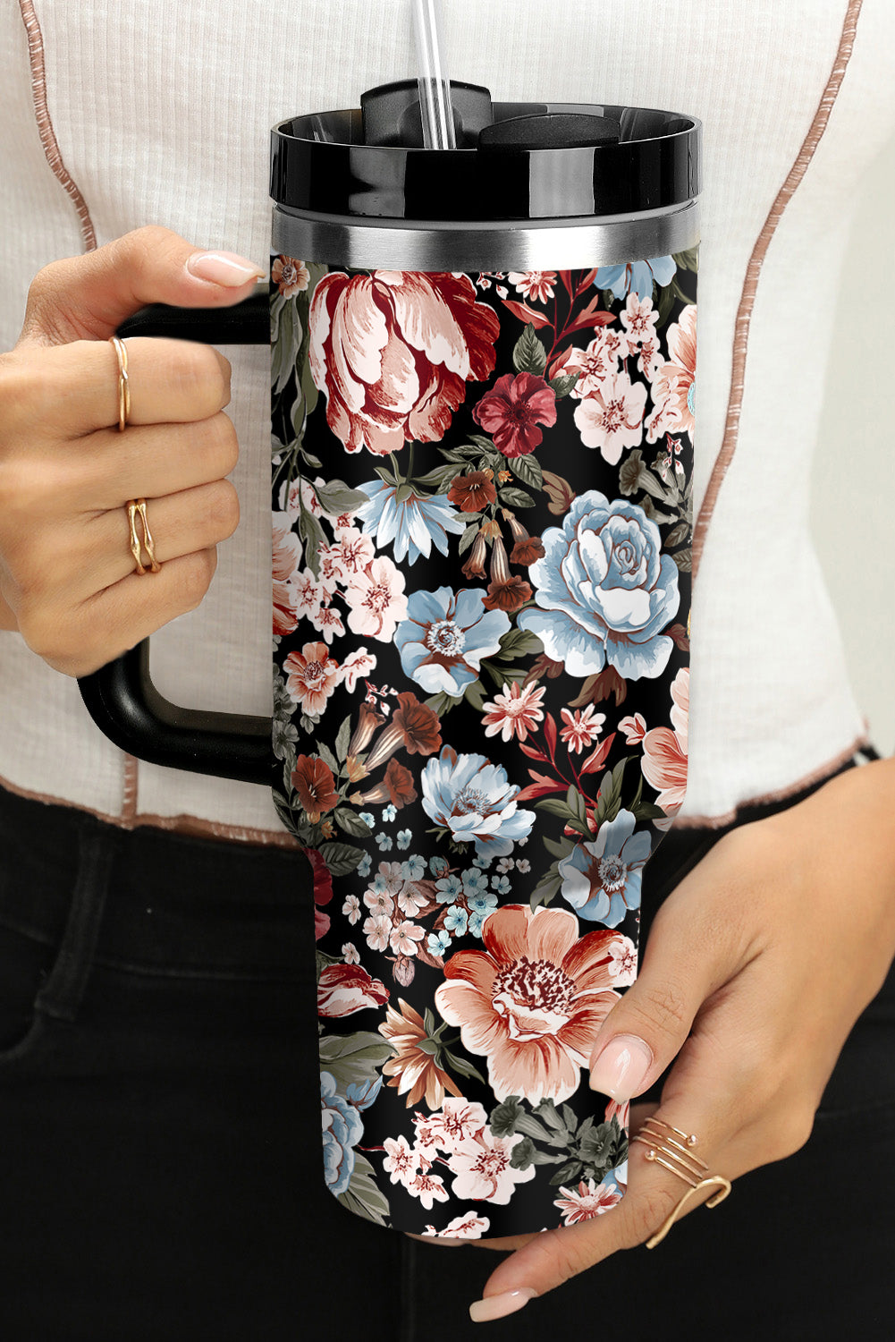 Black Floral Insulated Tumbler Cup