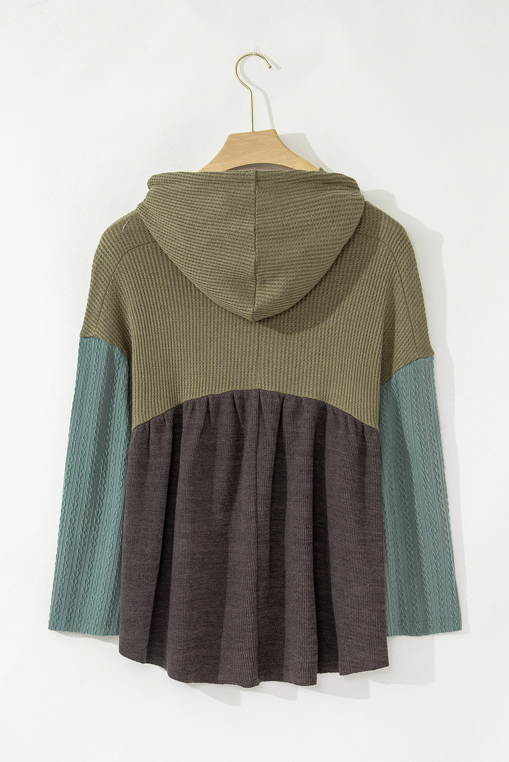 Laurel Green Waffle Knit Patchwork Drawstring Hooded Top