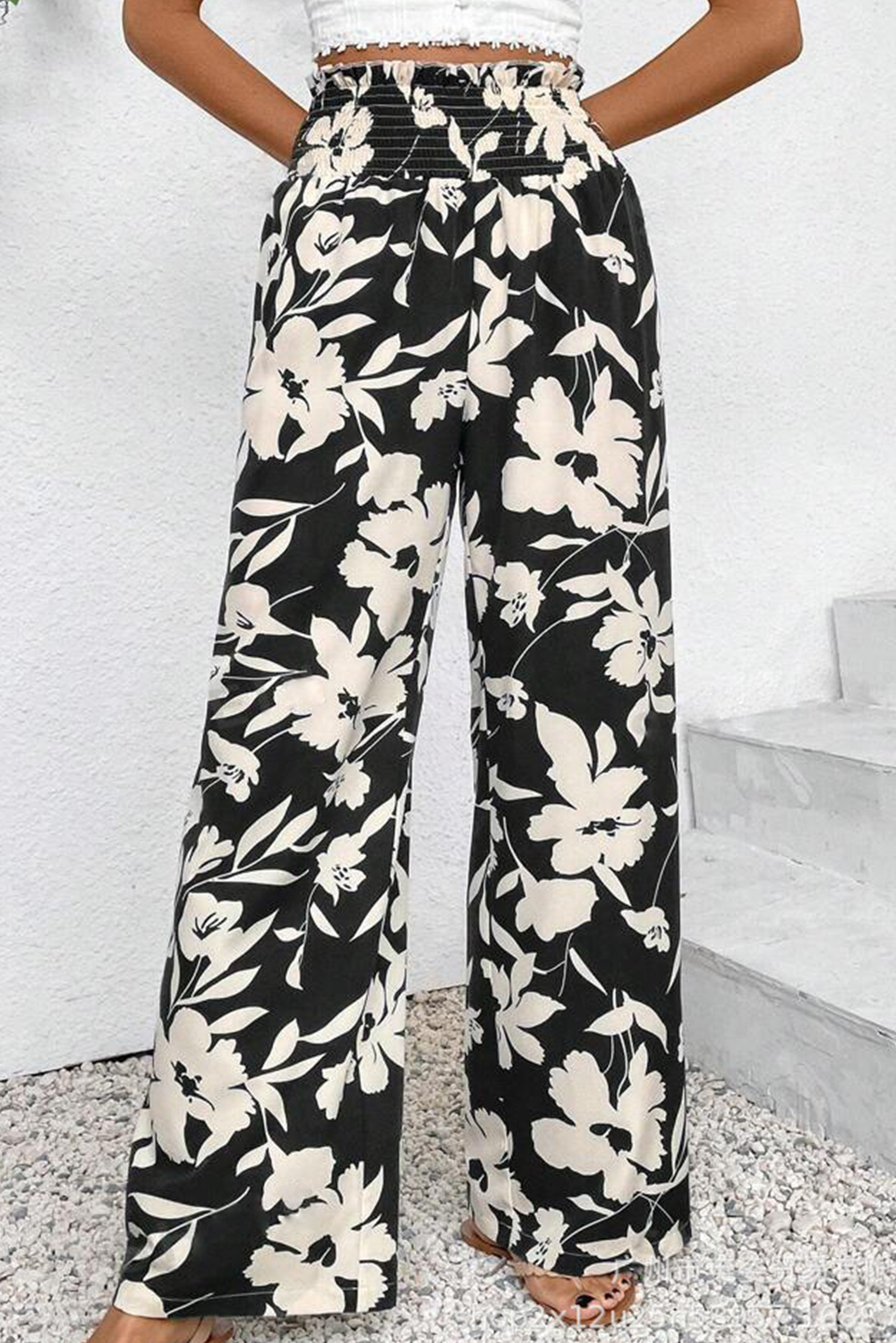 Black Floral Smocked Frill Waist Wide Leg Pants