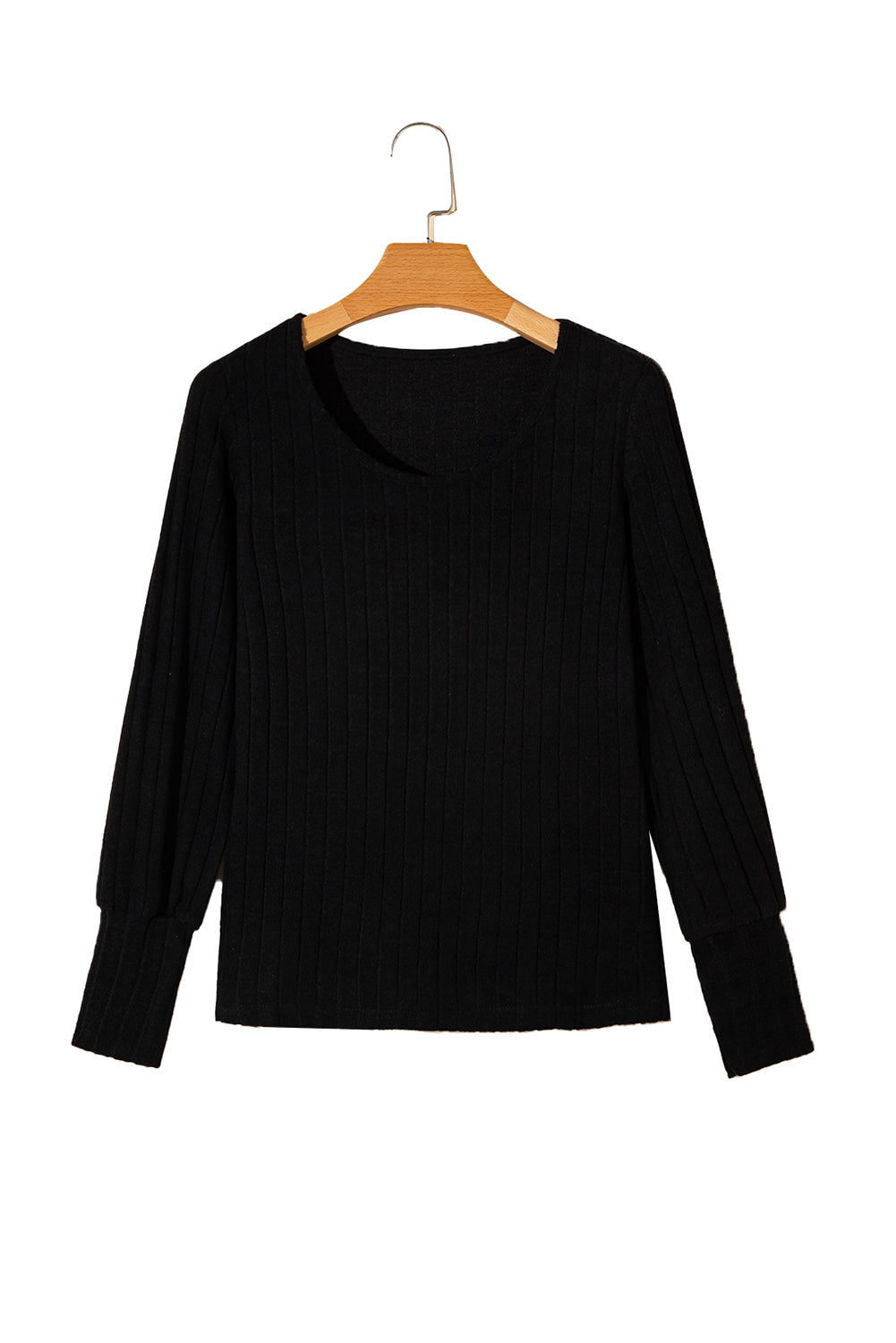 Black Ribbed Bishop Sleeve Round Neck Top