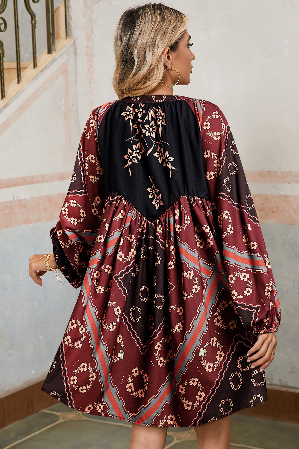 Red Boho Floral Geometric Short Sleeve V-Neck Tie Dress