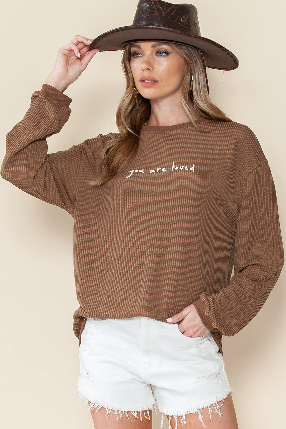 Khaki You Are Loved Print Crinkle Rib Sweatshirt