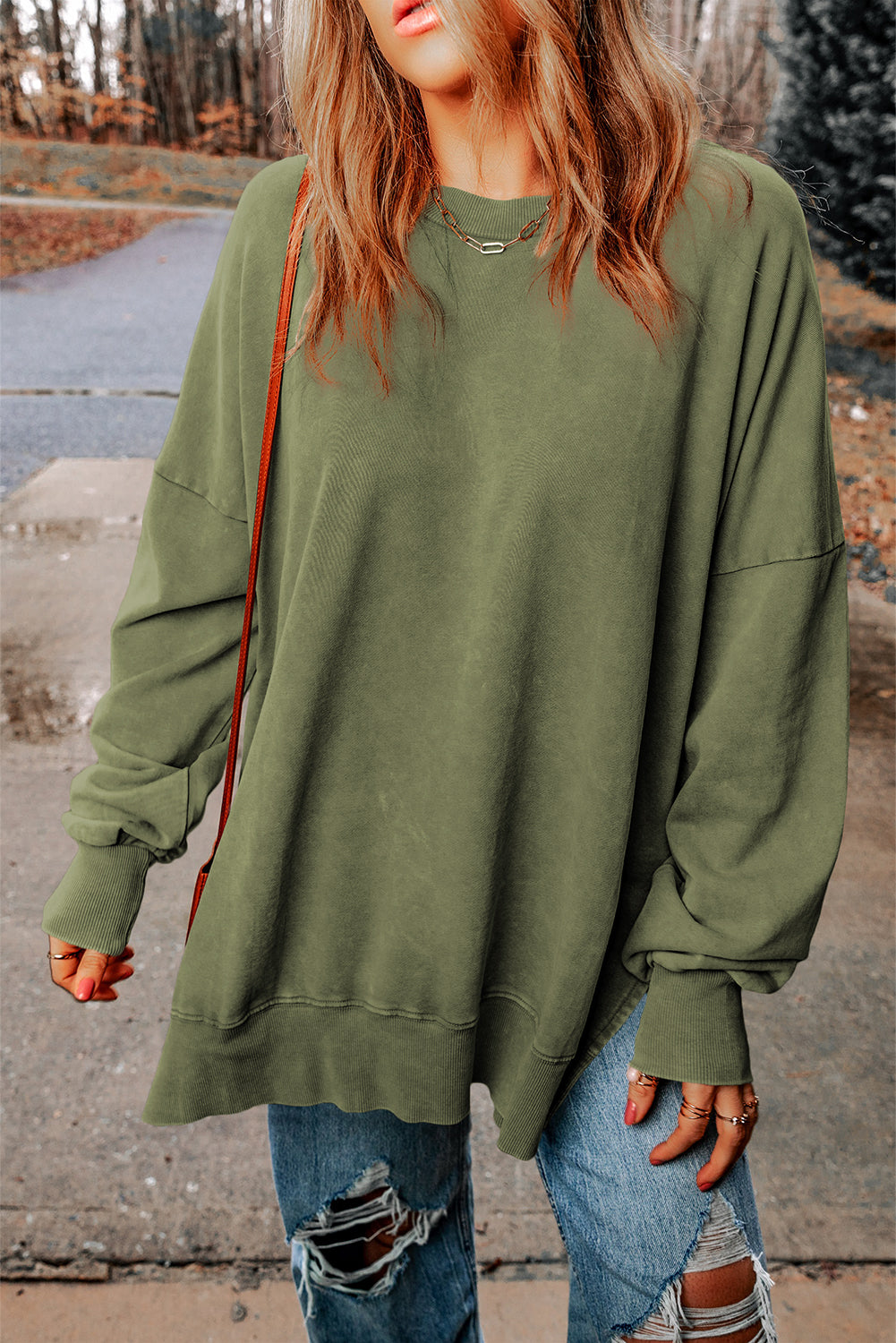 Khaki Plain Drop Shoulder Ribbed Trim Oversized Sweatshirt