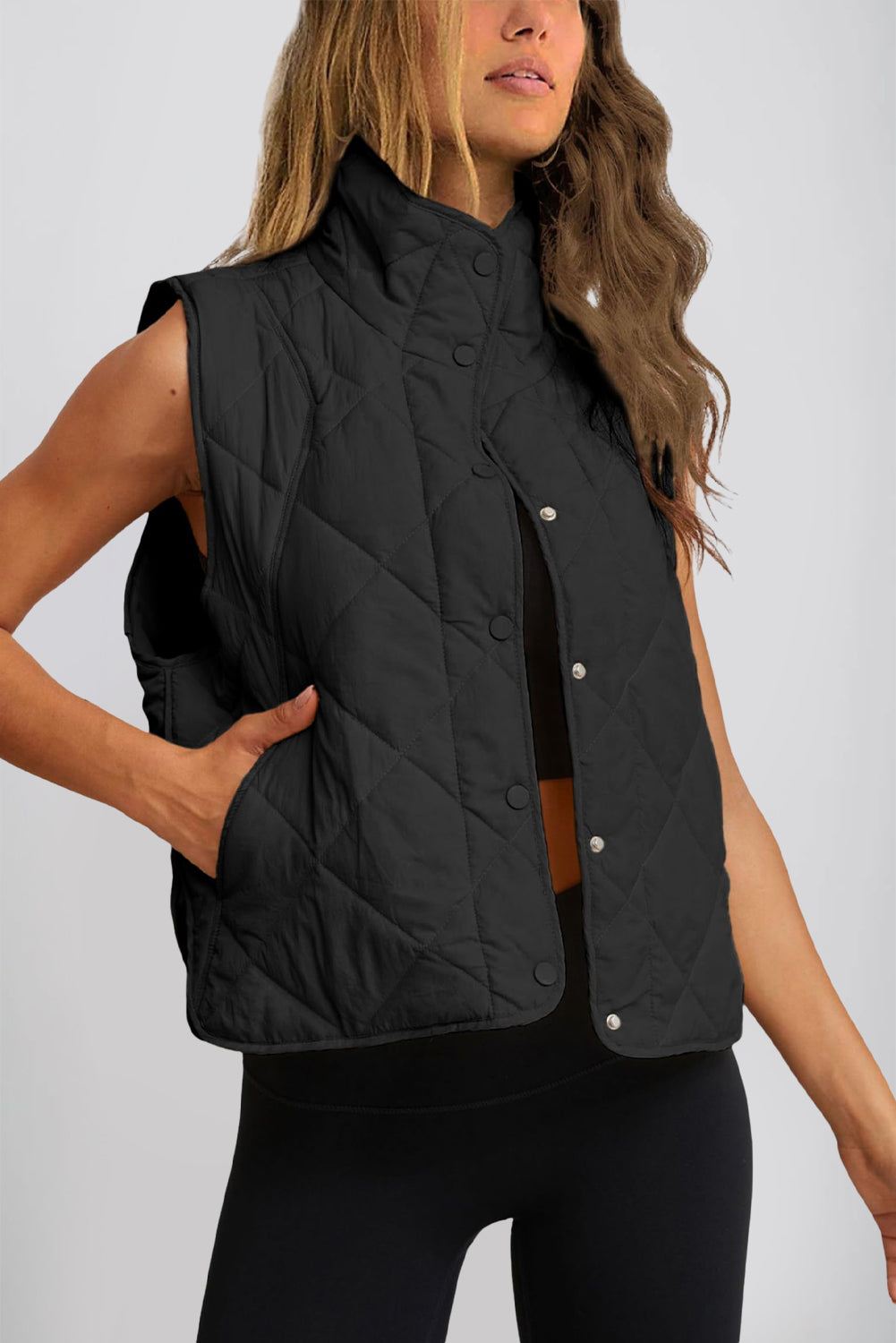 Black Quilted High Neck Button Up Pocket Vest Coat