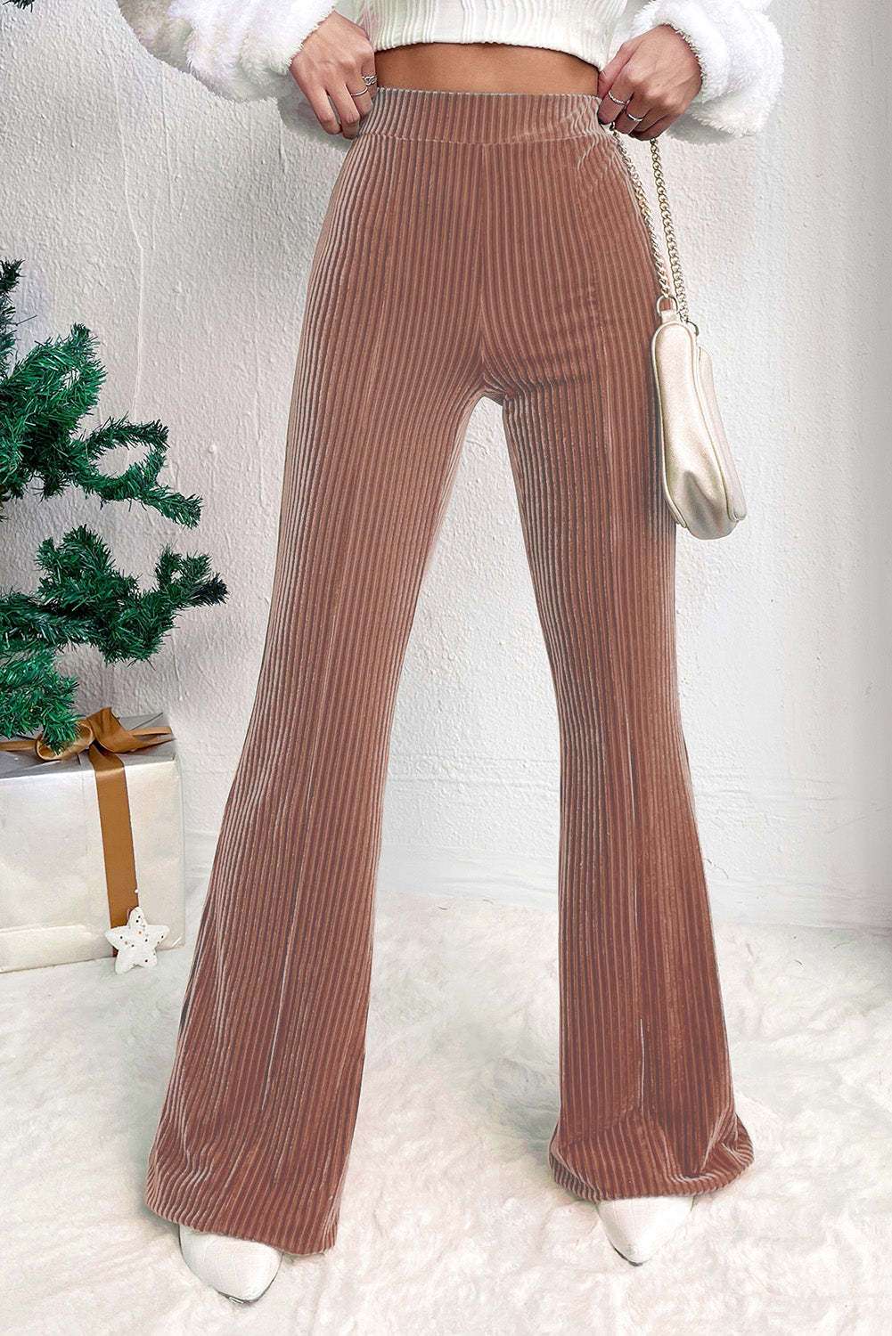 Chestnut Solid Color High Waist Corduroy Flare Pants