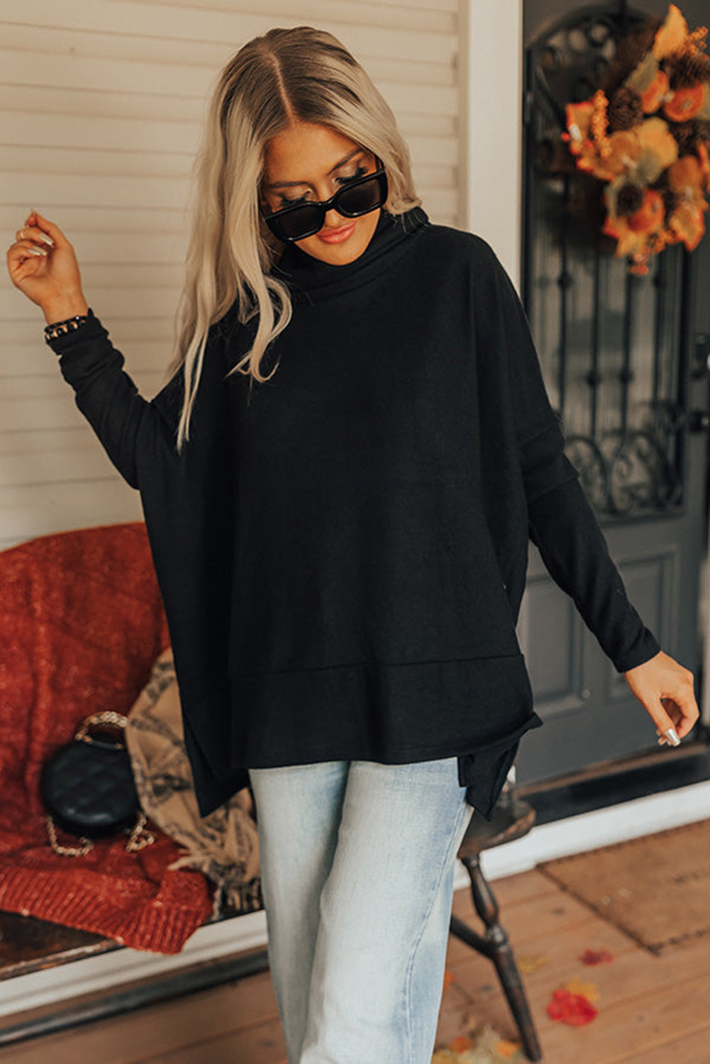 Black Cowl Neck Loose Fit Tunic Long Sleeve Top