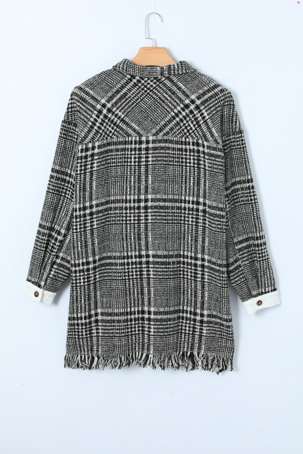 Black Plus Size Plaid Fringe Hem Midi Coat