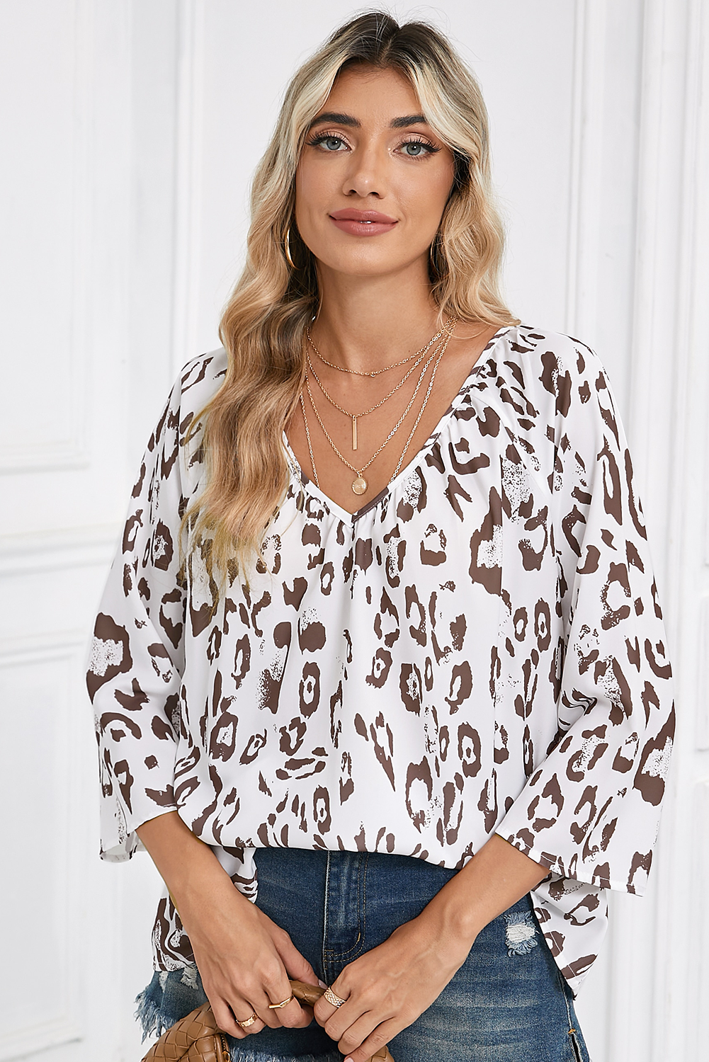 Black Leopard Print V Neck 3/4 Sleeve Blouse