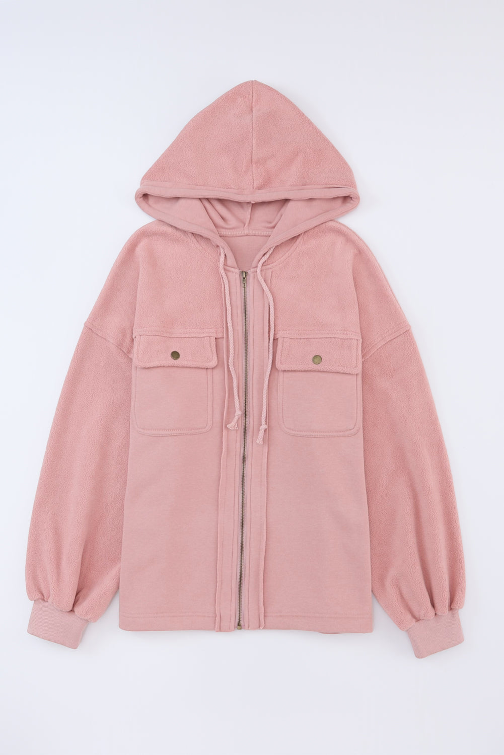 Tan Bishop Sleeve Zip Up Flap Pockets Hoodie Jacket