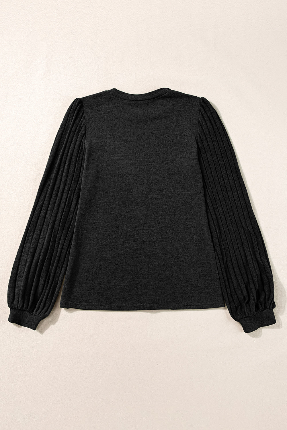 Black Solid Color Contrast Ribbed Bishop Sleeve Top