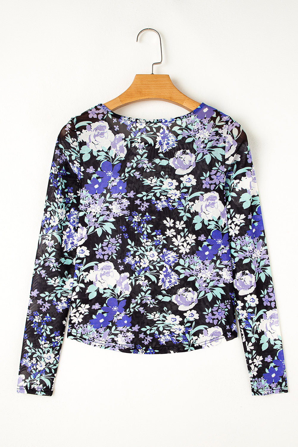 Black Allover Floral Print Mesh Long Sleeve Top