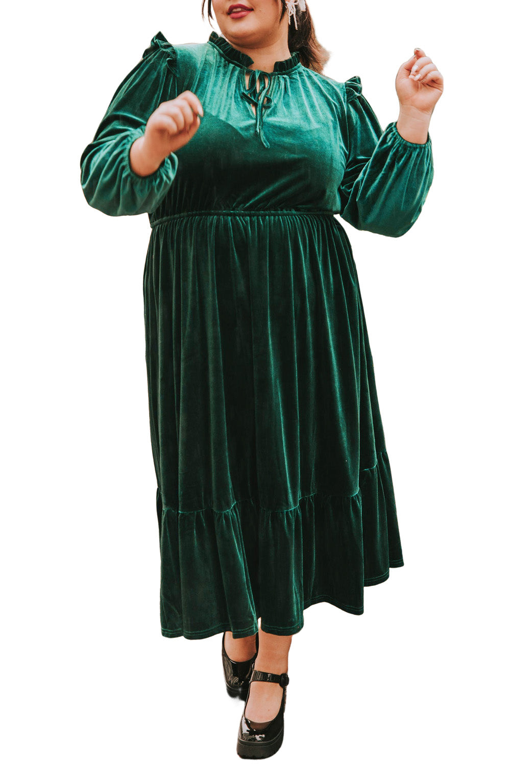 Blackish Green Frill Neck Velvet High Waist Plus Size Dress